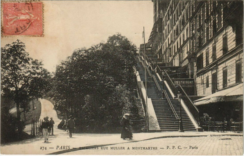 Carte postale ancienne Escaliers Rue Muller à Montmartre à Paris 18e