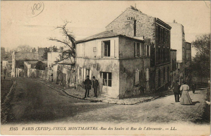 Carte postale ancienne Vieux Montmartre - Rue des Saules et Rue de L'Abreuvoir à Paris 18e
