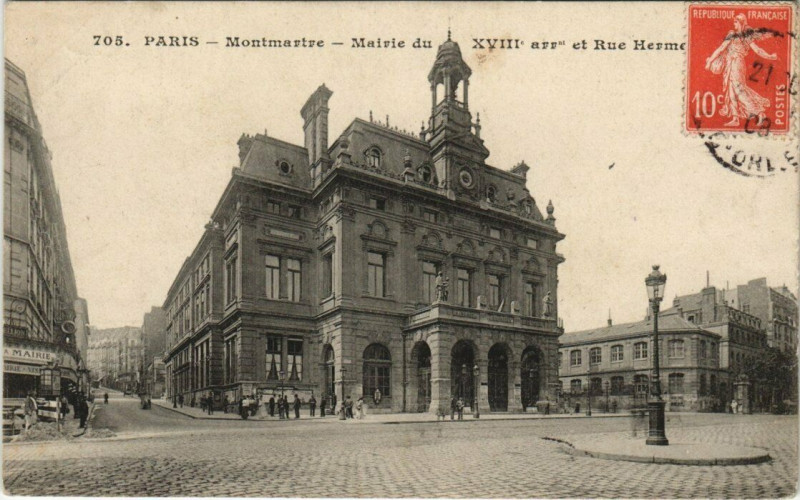 Carte postale ancienne Montmartre - Mairie du XVIIIe arrondissement et Rue Hermel à Paris 18e