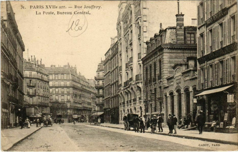 Carte postale ancienne Rue Jouffroy - La Poste, Bureau Central à Paris 17e