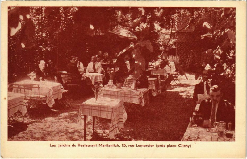 Carte postale ancienne Les jardins du Restaurant Martianitch à Paris 17e