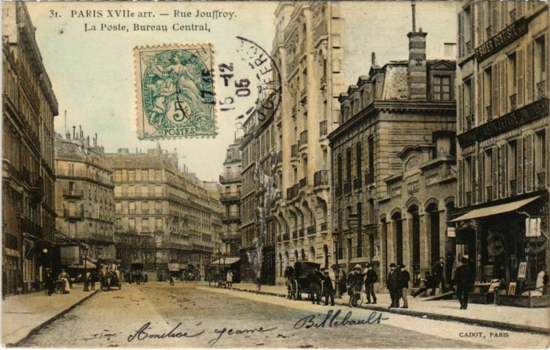 Carte postale ancienne Rue Jouffroy - La Poste, Bureau Central à Paris 17e