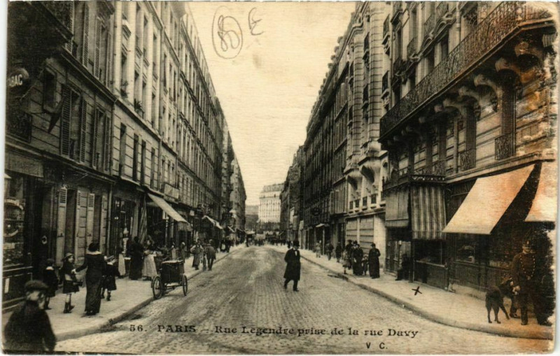 Carte postale ancienne Rue Legendre prise de la rue Davy à Paris 17e