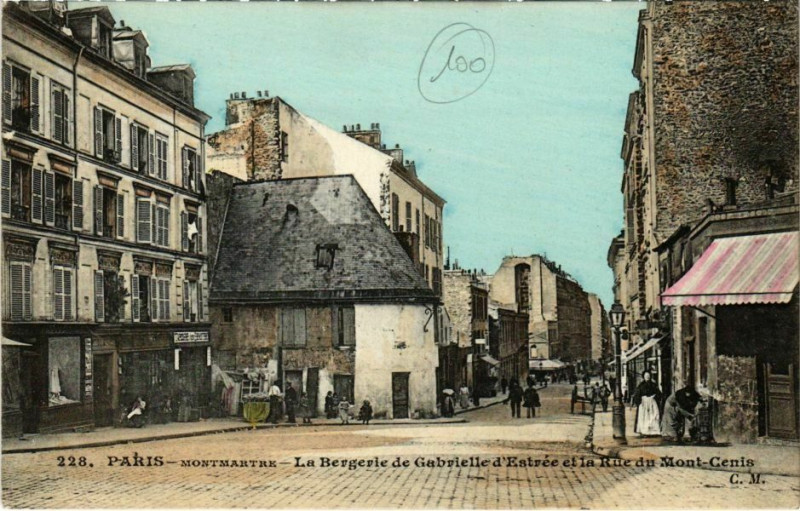 Carte postale ancienne Montmartre - L'ancienne Bergerie de Gabrielle d'Estrée et la Rue du Mont-Cenis à Paris 18e