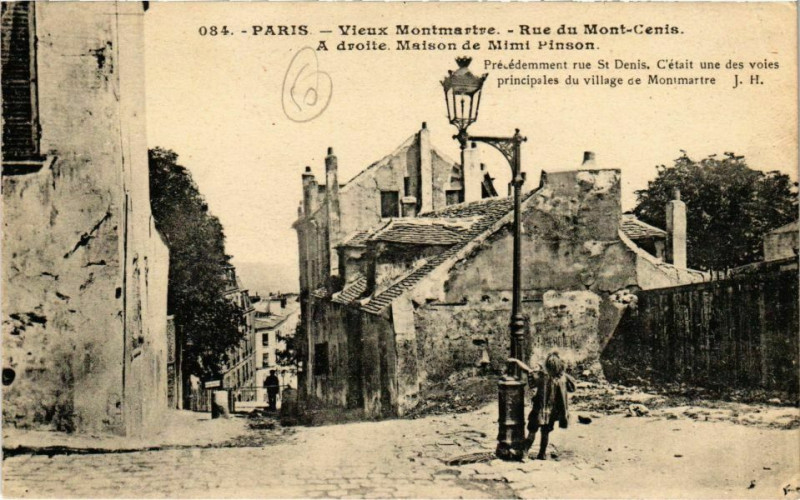 Carte postale ancienne Vieux-Montmartre - Rue du Mont-Cenis - à droite maison de Mimi Pinson à Paris 18e