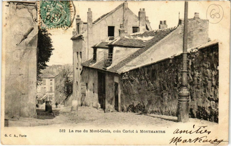 Carte postale ancienne La rue du Mont-Cenis, coin Cortot à Montmartre à Paris 18e