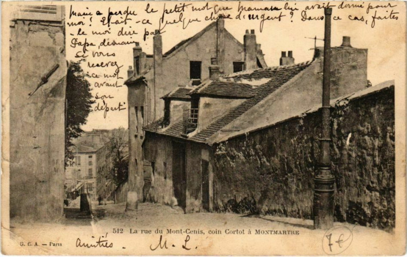 Carte postale ancienne La rue du Mont-Cenis, coin Cortot à Montmartre à Paris 18e