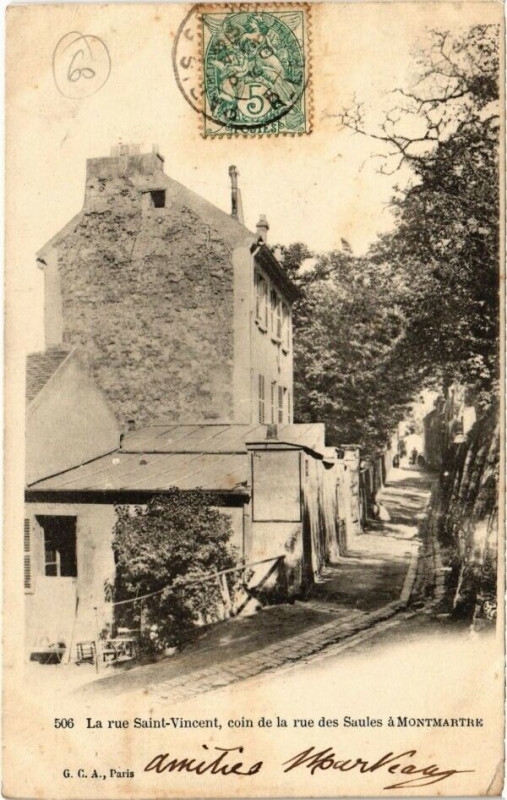 Carte postale ancienne La Rue Saint-Vincent, coin de la rue des Saules à Montmartre à Paris 18e