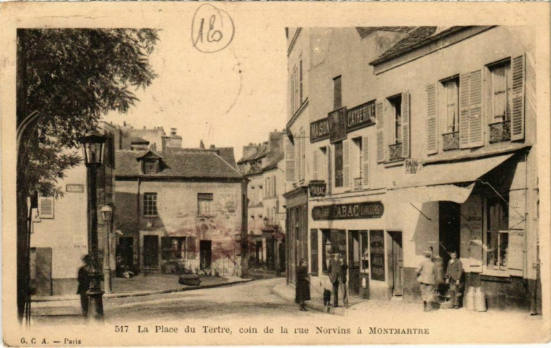 Carte postale ancienne La place du Tertre, coin de la rue Norvins à Montmartre à Paris 18e