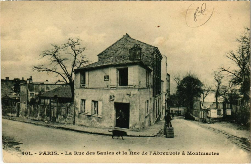 Carte postale ancienne La Rue des Saules et la Rue de l'Abreuvoir à Montmartre à Paris 18e