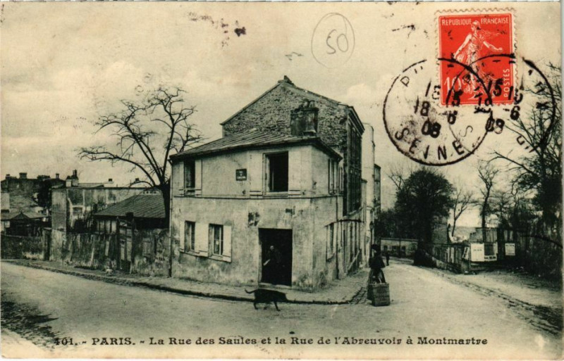 Carte postale ancienne La Rue des Saules et la Rue de l'Abreuvoir à Montmartre à Paris 18e
