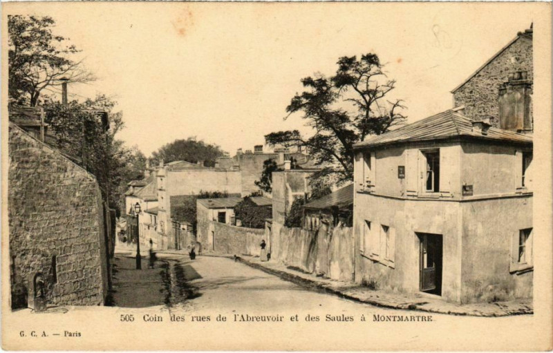 Carte postale ancienne Montmartre - Carrefour des rues de l'Abreuvoir et des Saules à Paris 18e