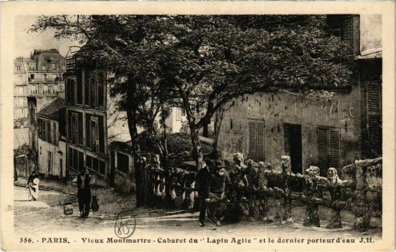 Carte postale ancienne Vieux Montmartre - Cabaret du Lapin Agile et les derniers porteurs d'eau à Paris 18e