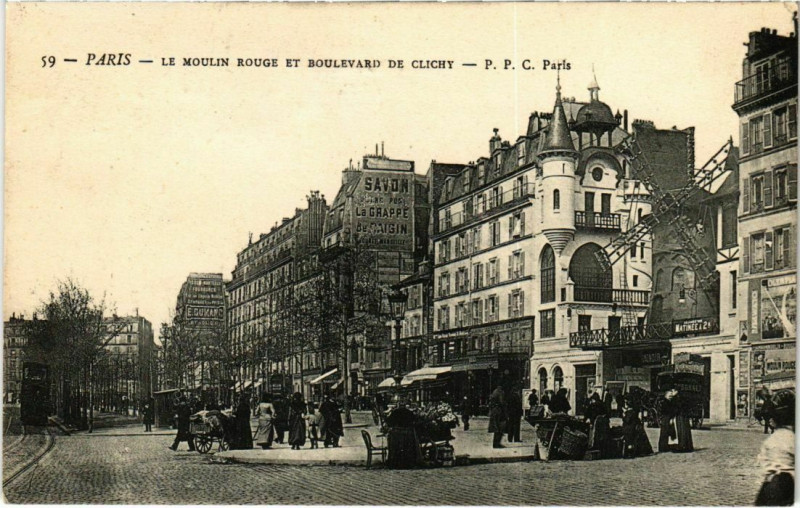 Carte postale ancienne Le Moulin Rouge et le Boulevard de Clichy à Paris 9e