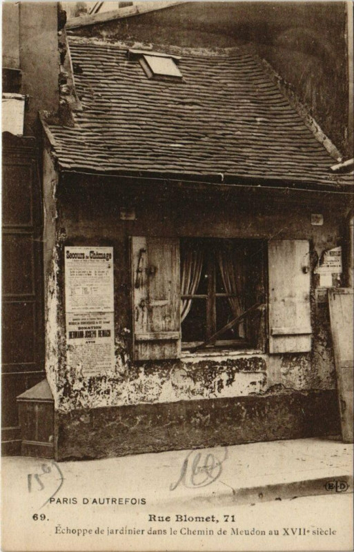 Carte postale ancienne Rue Blomet - Echoppe de jardinier dans le Chemin de Meudon au XVIIe siècle à Paris 15e