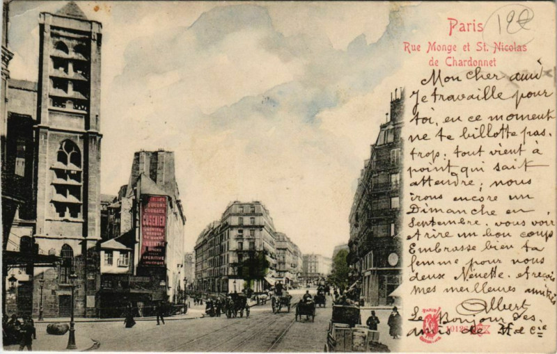 Carte postale ancienne Paris 5e - Rue Monge et St. Nicolas de Chardonnet à Paris 5e