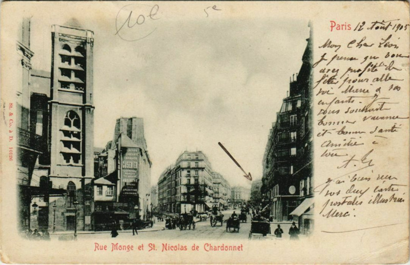 Carte postale ancienne Paris 5e - Rue Monge et St. Nicolas de Chardonnet à Paris 5e