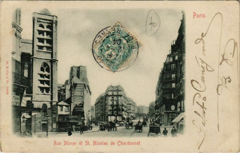 Carte postale ancienne Paris 5e - Rue Monge et St. Nicolas de Chardonnet à Paris 5e