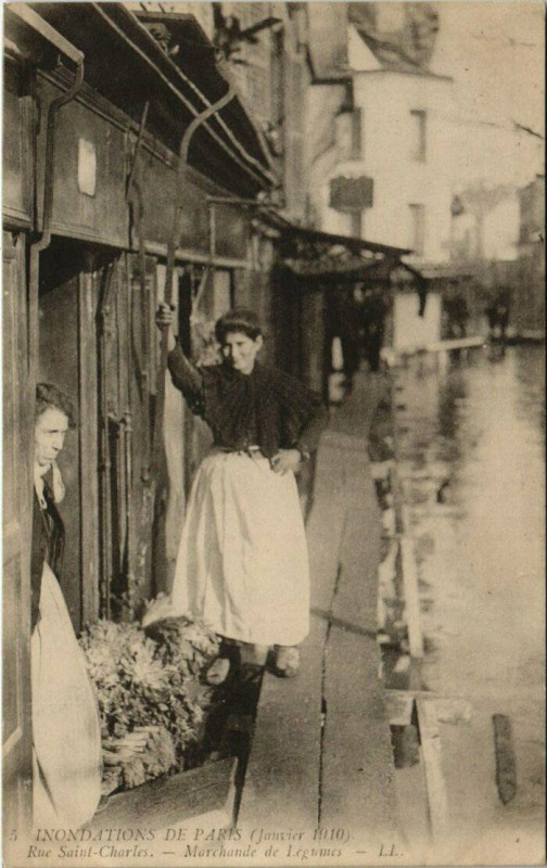 Carte postale ancienne Inondations de Paris (Janvier 1910) - Rue Saint-Charles - Marchande de Légumes à Paris 15e