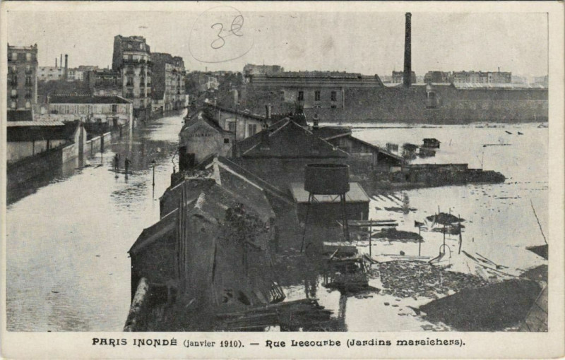Carte postale ancienne Paris inondé (janvier 1910) - Rue Lecourbe (Jardins maraichers) à Paris 15e