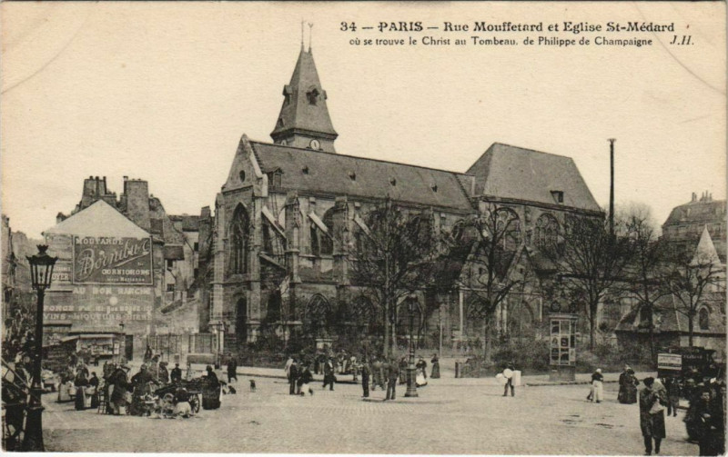 Carte postale ancienne Paris 5e - Rue Mouffetard et Eglise St-Médard  à Paris 5e