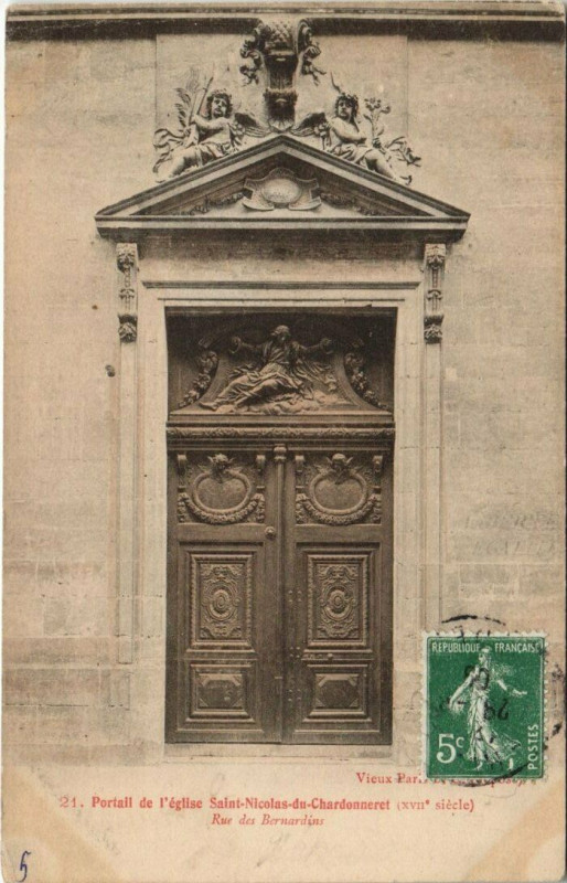Carte postale ancienne Paris 5e - Portail de l'église Saint-Nicolas-du-Chardonneret à Paris 5e