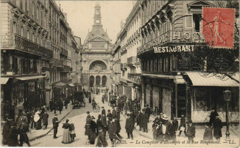 Carte postale ancienne Paris - Le Comptoir 'Escompte et la Rue Rougemont à Paris