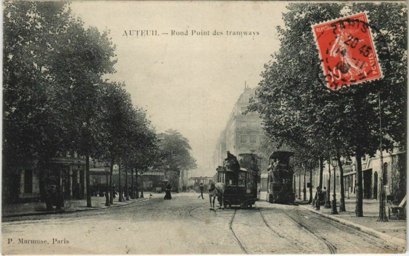 Carte postale ancienne Auteuil - Rond Point des tramways à Paris 16e