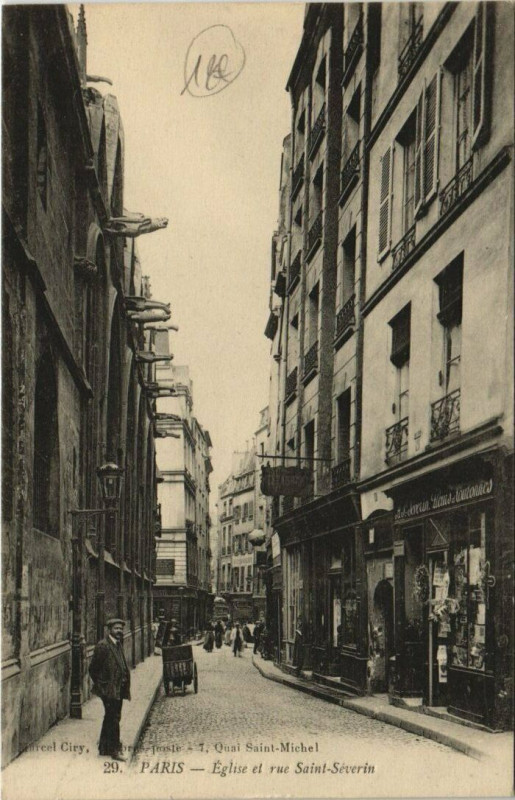Carte postale ancienne Paris 5e - Eglise et rue Saint-Séverin à Paris 5e