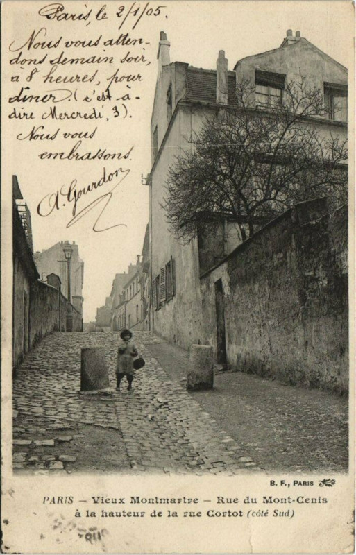 Carte postale ancienne Vieux Montmartre - Rue du Mont-Cenis à la hauteur de la rue Cortot (côté Sud) à Paris 18e