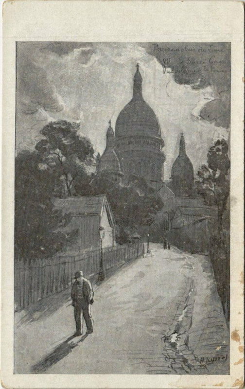 Carte postale ancienne Le Sacré-Coeur vu de la Rue de la Bonne à Paris 18e