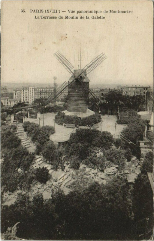 Carte postale ancienne Vue panoramique de Montmartre - La Terrasse du Moulin de la Galette à Paris 18e