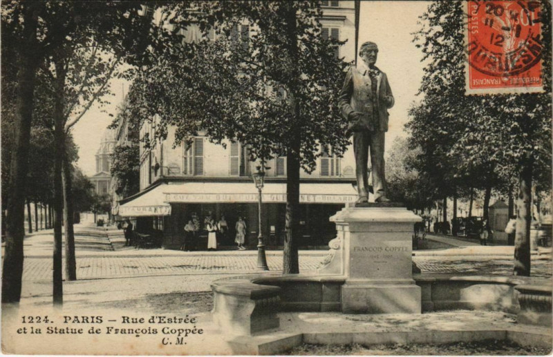 Carte postale ancienne Paris - Rue d'Estrée et la Statue de Francois Coppée à Paris