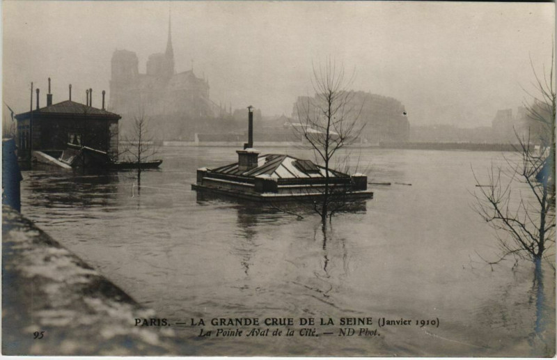 Carte postale ancienne Paris - La Pointe Aval de la Cité - La Crue de la Seine  à Paris