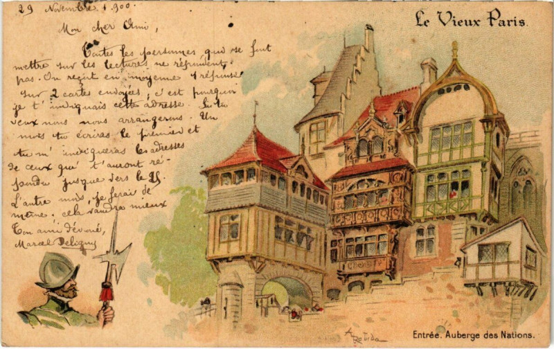 Carte postale ancienne Paris Expo 1900 - Le Vieux Paris - Entrée Auberge des Nations  à Paris