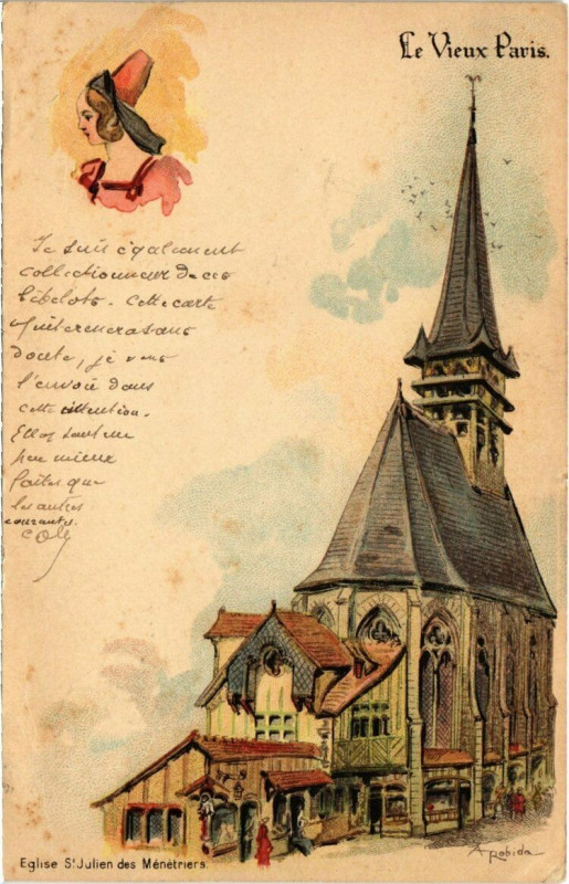 Carte postale ancienne Paris Expo 1900 Le Vieux Paris. Eglise Saint-Julien des Menetriers à Paris