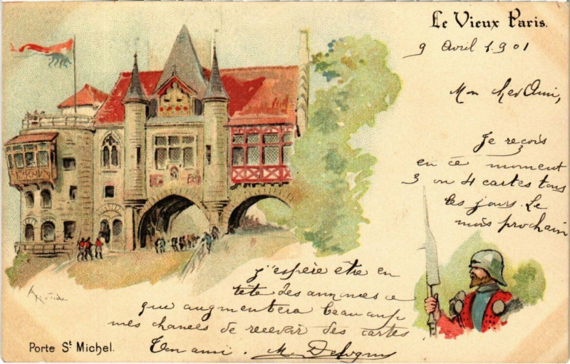 Carte postale ancienne Paris Expo 1900 - Le Vieux Paris - Porte St- Michel  à Paris