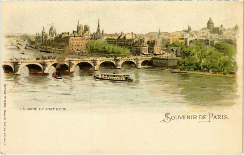 Carte postale ancienne Litho Paris - Souvenir - La Seine et Pont Neuf à Paris