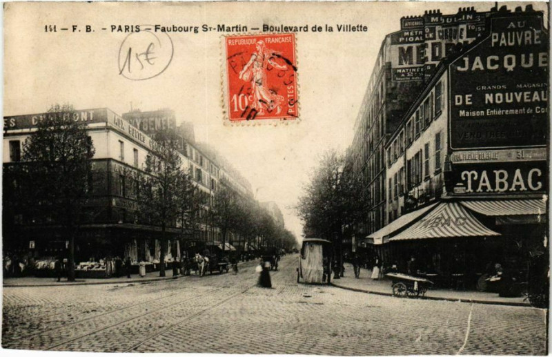 Carte postale ancienne Faubourg Saint-Martin - Boulevard de la Villette à Paris 19e