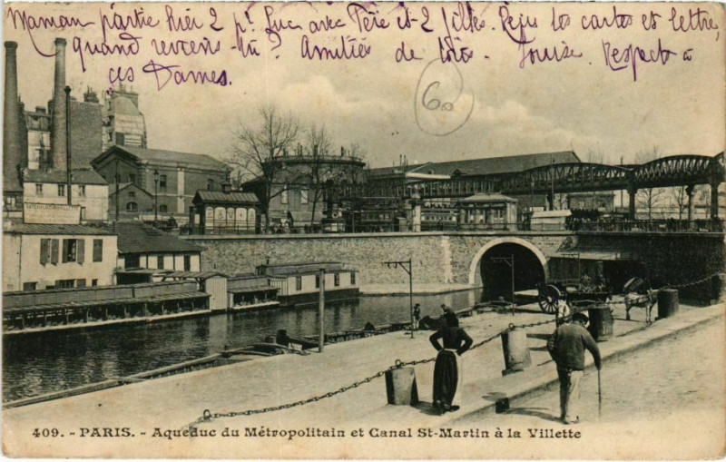 Carte postale ancienne Aqueduc du Métropolitain et Canal Saint-Martin à la Villette à Paris 10e