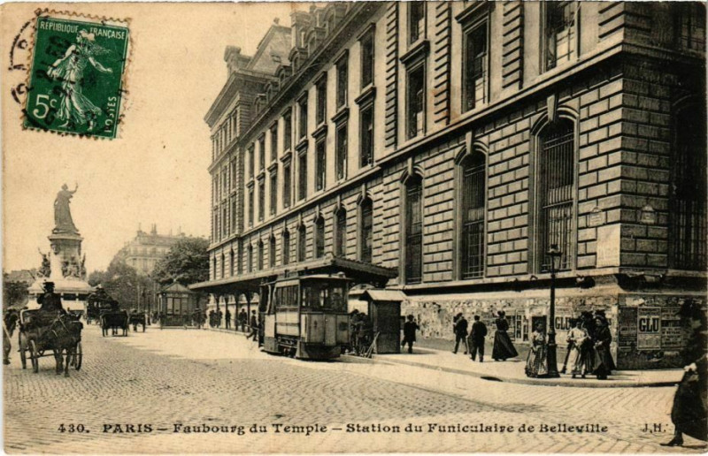 Carte postale ancienne Faubourg du Temple - Station du Funiculaire de Belleville à Paris 10e