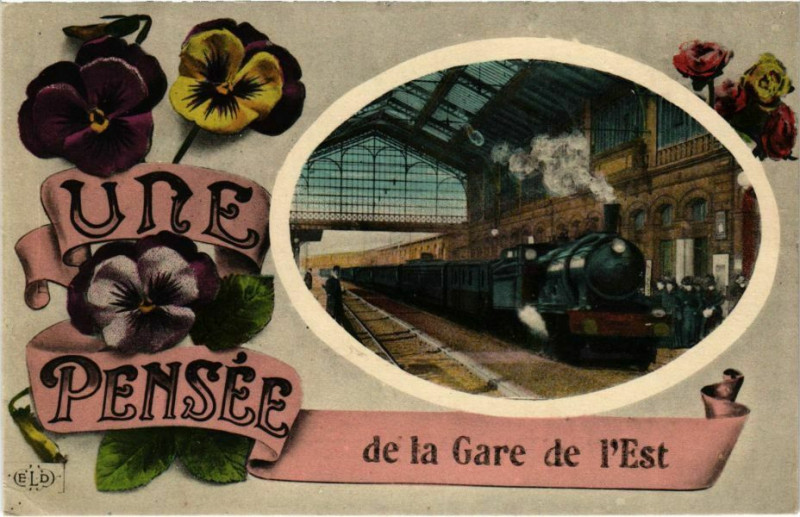 Carte postale ancienne Paris 10e - Une Pensée de la Gare de l'Est à Paris 10e