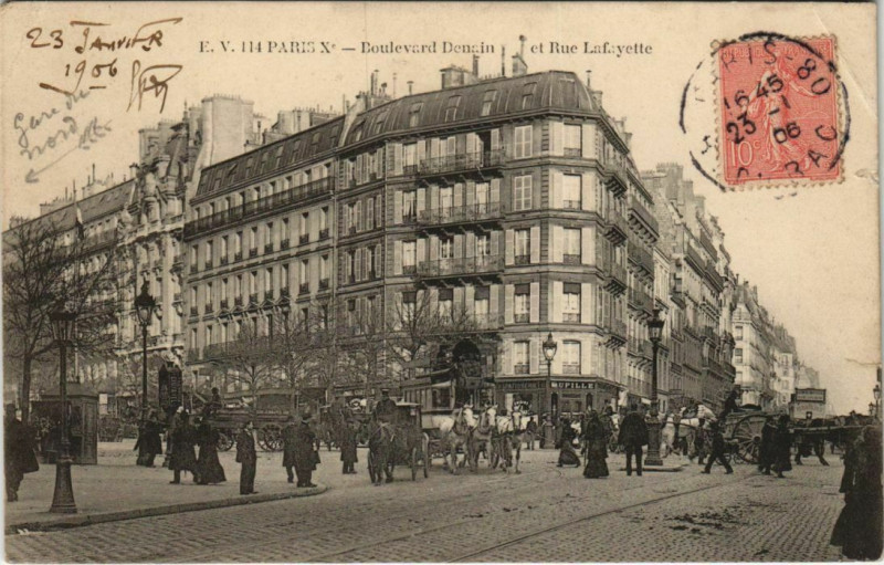 Carte postale ancienne Paris - Boulevard Denain et Rue Lafayette à Paris