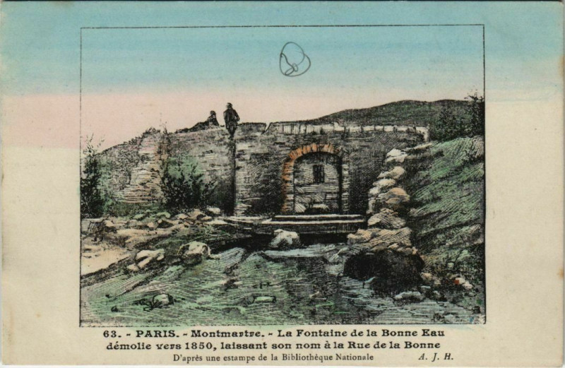 Carte postale ancienne Montmartre - La Fontaine de la Bonne Eau à Paris 18e