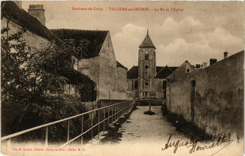 Carte postale ancienne Villiers-sur-Morin - Le Ru et Eglise - Env. de Crecy à Villiers-sur-Morin