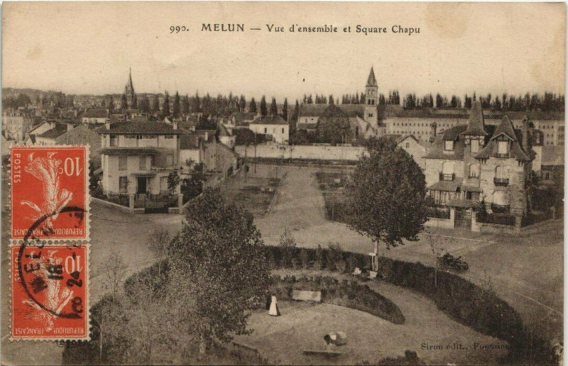 Carte postale ancienne Melun Vue d'ensemble et Square Chapu à Melun
