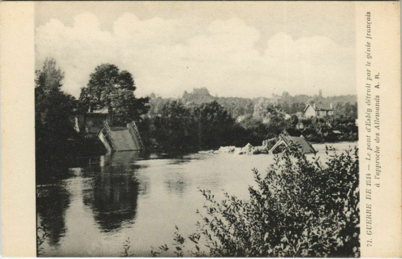 Carte postale ancienne Guerre de 1914 - Le pont d'Esbly detruit par le genie francias à Esbly
