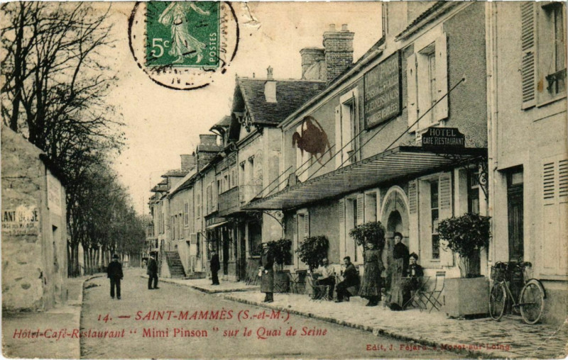 Carte postale ancienne Saint-Mammes Quai de Seine Hotel-Café-Resto Mimi Pinson à Saint-Mammès