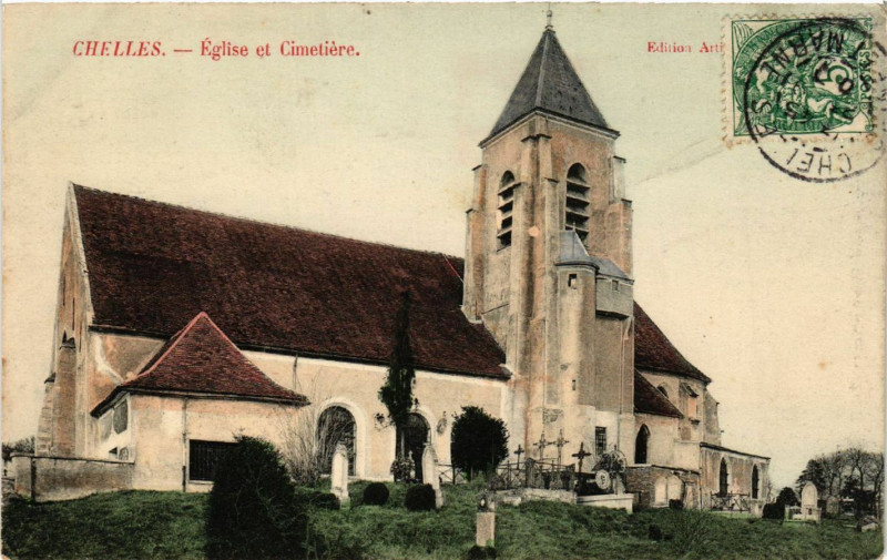 Carte postale ancienne Chelles - Eglise et Cimetiere à Chelles