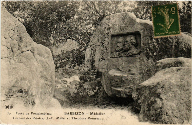 Carte postale ancienne Foret de Fontainebleau - Barbizon - Medaillon-Portait des Peintres à Fontainebleau